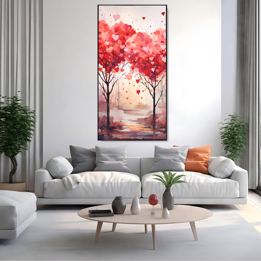 Tablou canvas cu tablou canvas cu doi copaci in forma de inimi, in rama de aluminiu negru, pe perete intr-un living